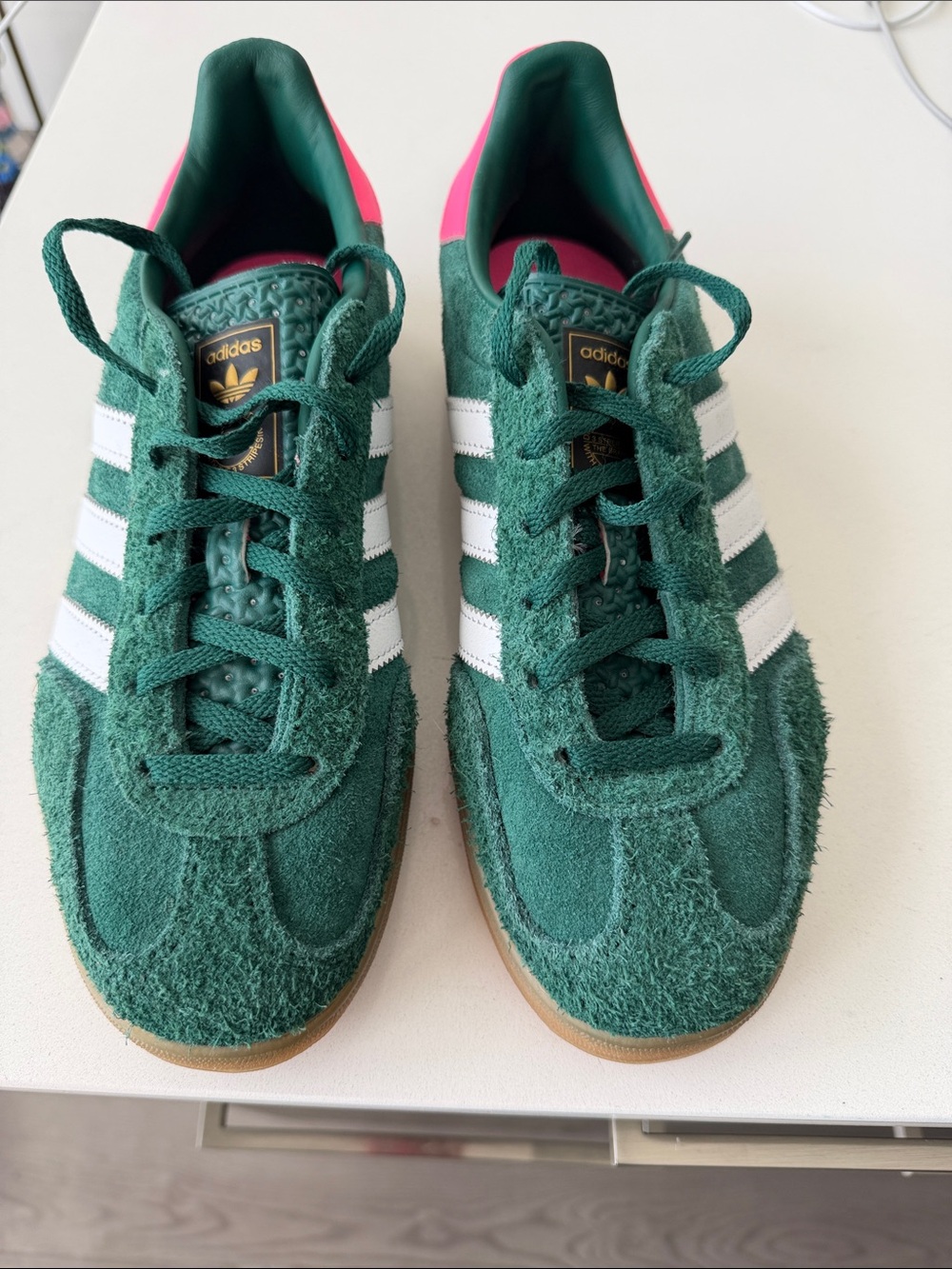 Pink and green Adidas Gazelle